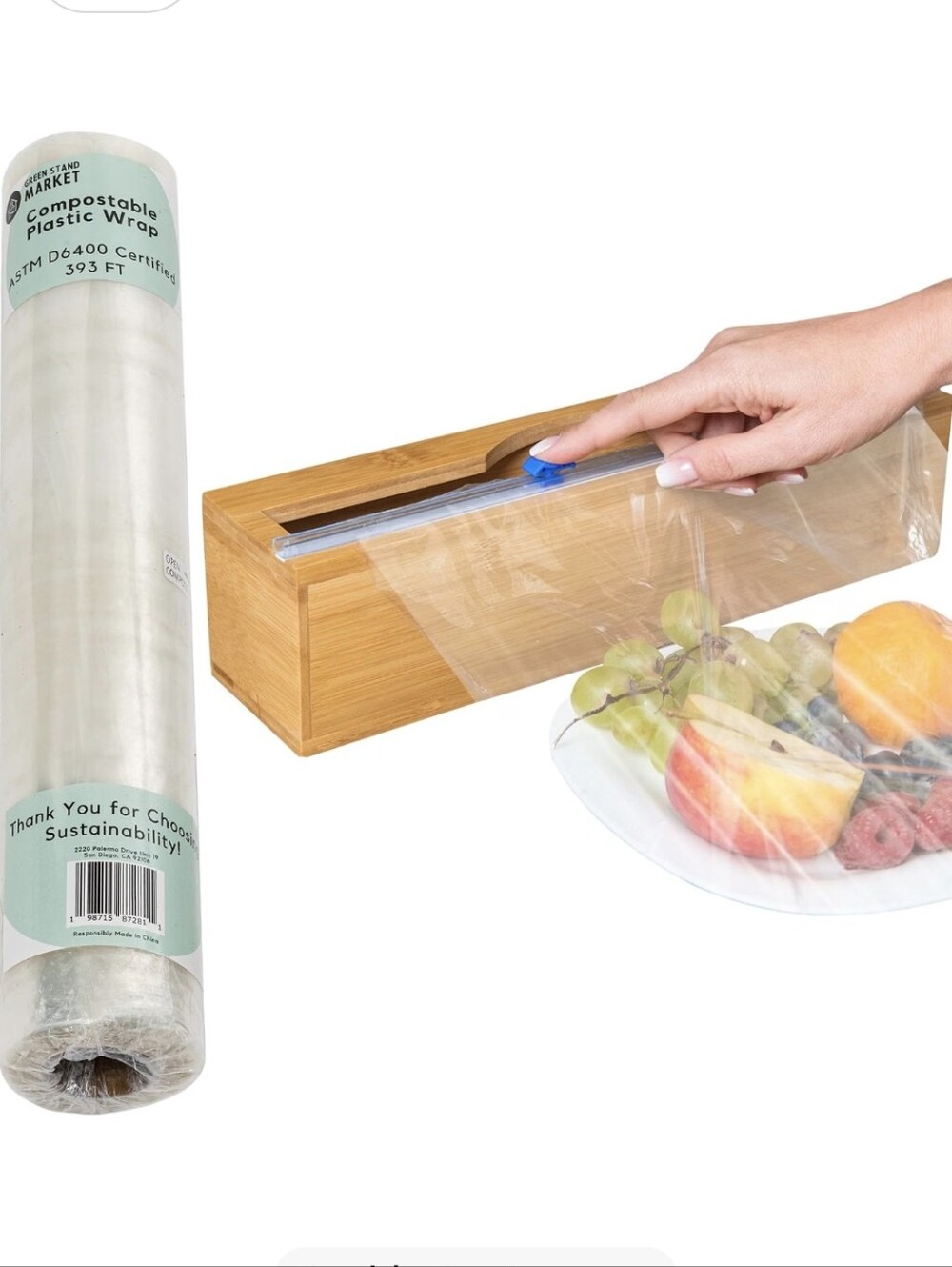 Bamboo Plastic Wrap Dispenser with Clear Compostable Wrap
